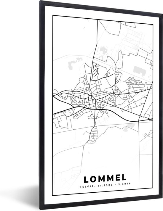 Cadre photo avec affiche Zwart Wit- België - Lommel - Plan de la ville - Carte - Zwart Wit - Plan d'étage - 80x120 cm - Cadre pour affiche