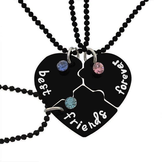 Bixorp Friends - Collier BFF pour 3 - Cœur Zwart en trois parties avec cristaux - Collier de l'amitié Filles - Best Friends collier cadeau d'amitié pour trois