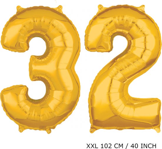 Mega grote XXL gouden folie ballon cijfer 32 jaar.  leeftijd verjaardag 32 jaar. 102 cm 40 inch. Met rietje om ballonnen mee op te blazen.