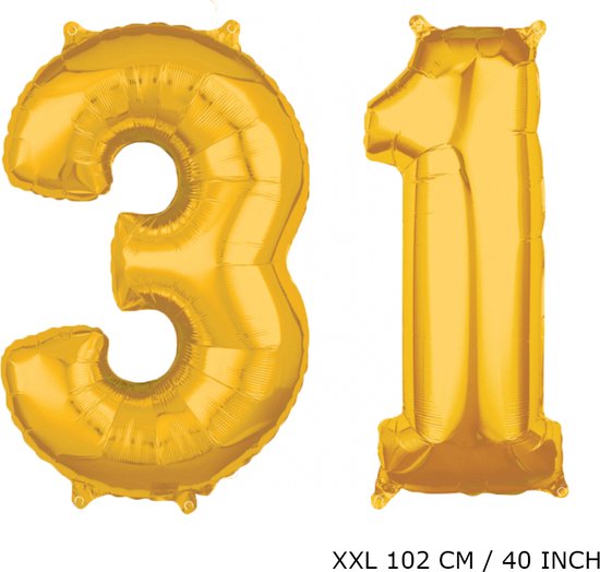 Mega grote XXL gouden folie ballon cijfer 31 jaar.  leeftijd verjaardag 31 jaar. 102 cm 40 inch. Met rietje om ballonnen mee op te blazen.