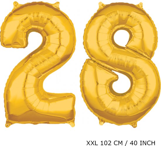 Mega grote XXL gouden folie ballon cijfer 28 jaar.  leeftijd verjaardag 28 jaar. 102 cm 40 inch. Met rietje om ballonnen mee op te blazen.