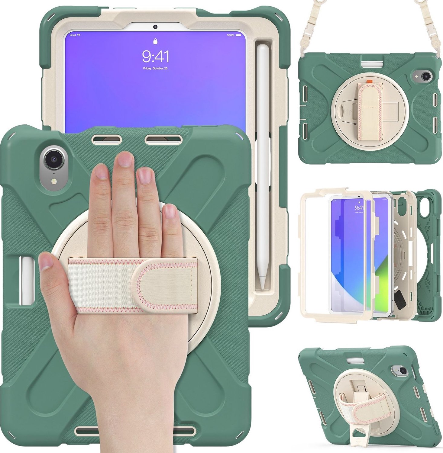 Mobigear SureGrip XGuard Tablethoes geschikt voor Apple iPad Mini 6 (2021) Hardcase Backcover + Stylus Houder + Schouderband + Standaard - Groen