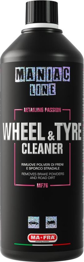 Bouteille noire Maniac Line Wheel & Tyre Cleaner avec texte et logos.