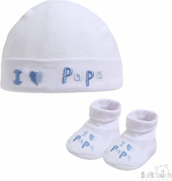 Geschenkset - I love Papa - Jongens Muts & Slofjes - Newborn - White & Blue - Maat 50/56