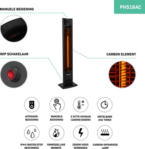 VONROC Terrasverwarmer Filicudi – Infrarood - 2000W – Hoog rendement - Carbon element – 2 verwarmingsstanden – LCD Scherm - Incl. Afstandsbediening