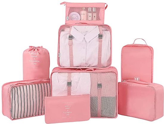 Belsmi reiskledingtassenset, 8-delig, reistas in koffer, reisbagage organizer, compressietassen, kofferorganizer met schoenentas, Stijl A - roze, Smal Medium Large