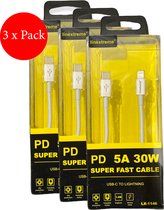 3 x USB C naar Lightning kabel - Super fast cable - geschikt voor Apple iPhone & iPad - iPhone oplader kabel - PD 5A 30W - iPhone kabel - 3 x pack 120cm