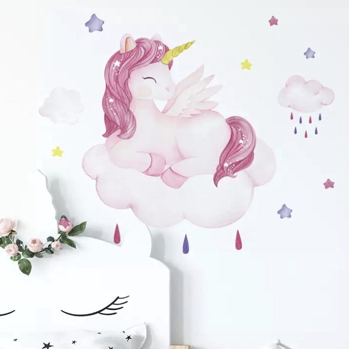 Muursticker Unicorn - Muursticker Kinderkamer Unicorn - 58x48 CM - Pasteltinten