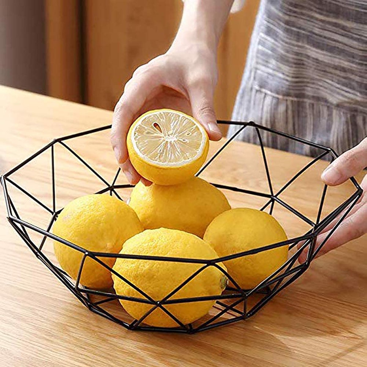 Corbeille à Fruits En Fil Métallique - Acier Inoxydable - Design Ventilé - Rond Court Noir - HOMQUEN