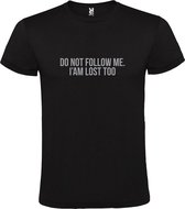 Zwart  T shirt met  print van "Do not follow me. I am lost too. " print Zilver size XL