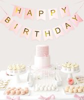 Vlaggenlijn Rose / Goud - Happy Birthday - Slinger - Vlag - Banner - Zwaluwstaart | Vintage - Retro - Jarig - Verjaardag - Feest - Party | Naturel – Karton - Kraft | Gefeliciteerd!
