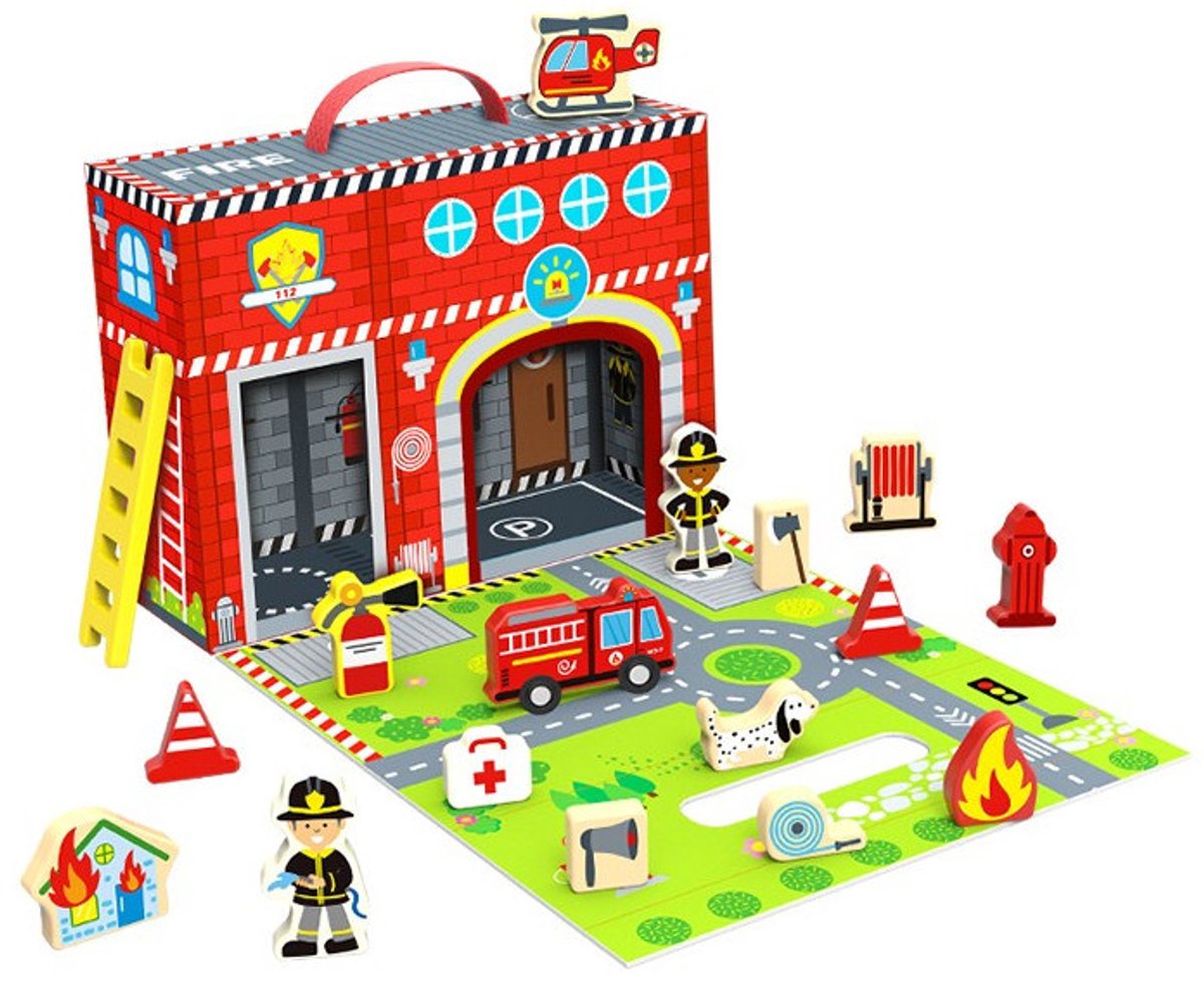 Tooky Toy Poppenhuis brandweer hout rood 3-delig