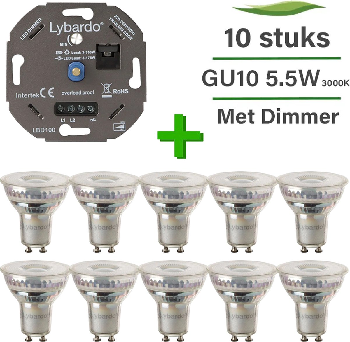 GU10 LED lamp - 10-pack - 5.5W - Dimbaar - Warm wit + LED dimmer 0-175W