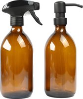 Groeikruid® Keukensetje | Zeepdispenser en Spray | Vrijstaand en Hervulbaar | 500 ml + 500 ml | Amber glas | RVS Zeeppompje | Plantenspuit | Schoonmaakset Zwart
