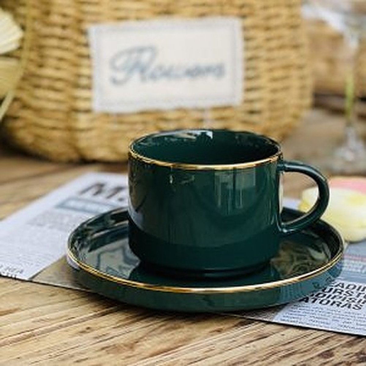 Selinex koffie- of theeset groen met gouden rand