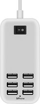 DrPhone UPA 30W USB Hub Laadstation - Power Adapter 6 Poorten - Opladen - Socket 1.5M Kabel - Wit