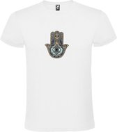 Wit T-shirt met Hamsa Hand in Blauw, Bruin en Beige kleuren size 3XL