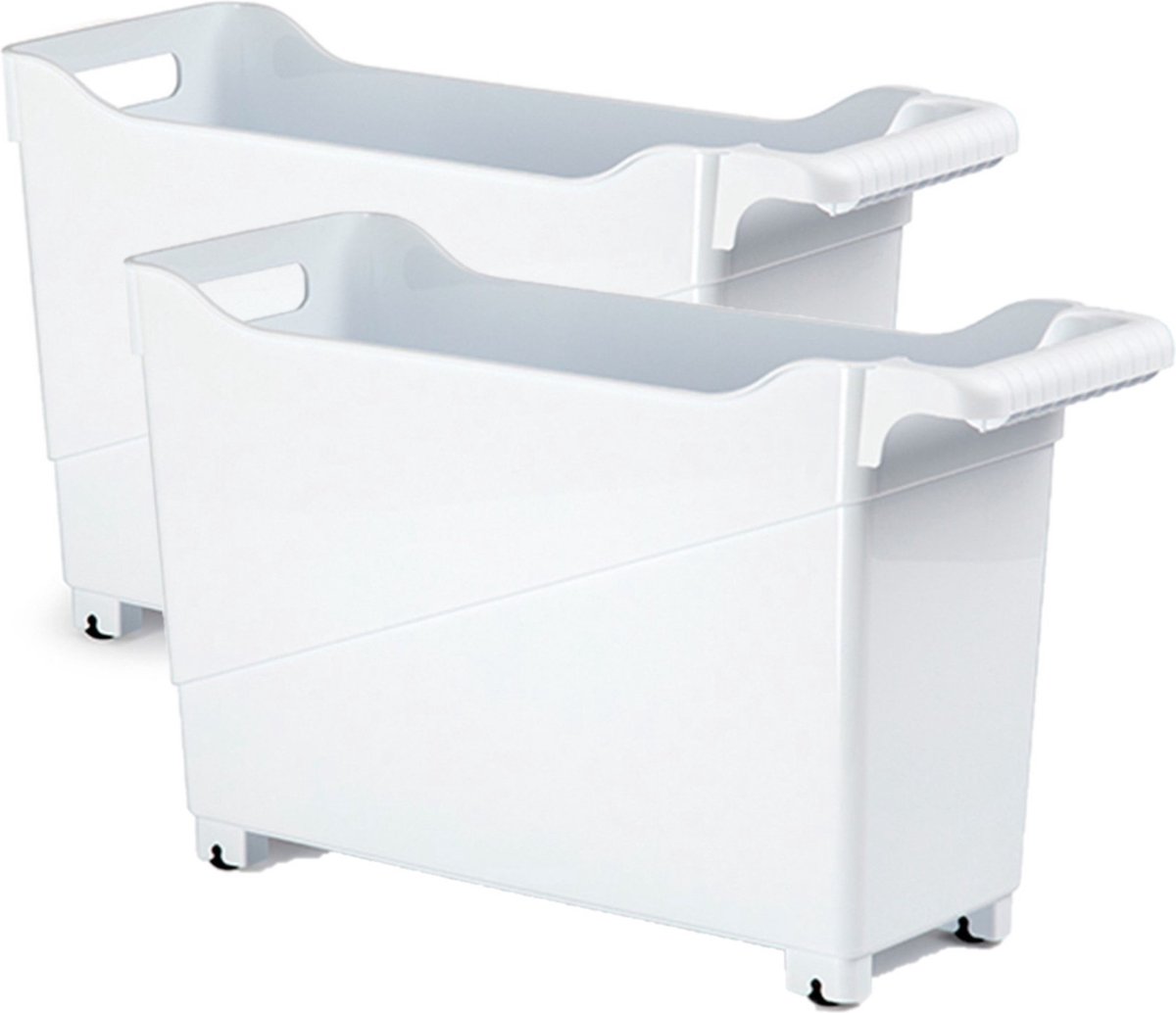 Set van 2x stuks kunststof trolleys wit op wieltjes L45 x B17 x H29 cm - Voorraad/opberg boxen/bakken
