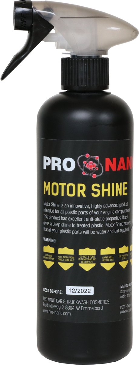 ProNano | Pro Nano Motor Shine 500ml | Nano Technologie | Motor Shine is een innovatief, zeer geavanceerd product bedoeld voor alle plastic onderdelen van uw motorruimte