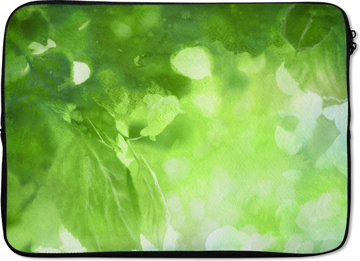 Laptophoes 14 inch - Abstracte illustratie van groene bladeren - Laptop sleeve - Binnenmaat 33x23 cm - Zwarte achterkant