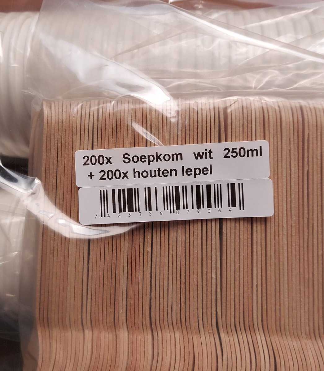 200x Soepkom wit karton 250ml + 200x houten lepel