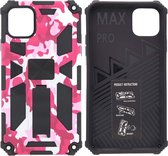 Hoesje Geschikt voor iPhone 11 Pro Max Hoesje - Rugged Extreme Backcover Camouflage met Kickstand - Pink