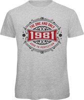1981 The One And Only | Feest Kado T-Shirt Heren - Dames | Antraciet - Donker Rood | Perfect Verjaardag Cadeau Shirt | Grappige Spreuken - Zinnen - Teksten | Maat M
