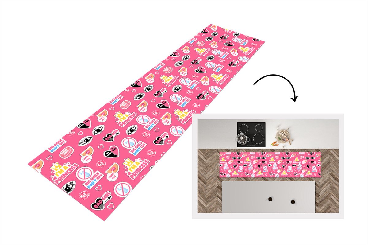 KitchenYeah Keukenloper - Loper keuken - Meisjes - Roze - Prinses - Patroon - 240x60 cm - Keukenloper vinyl Multicolor