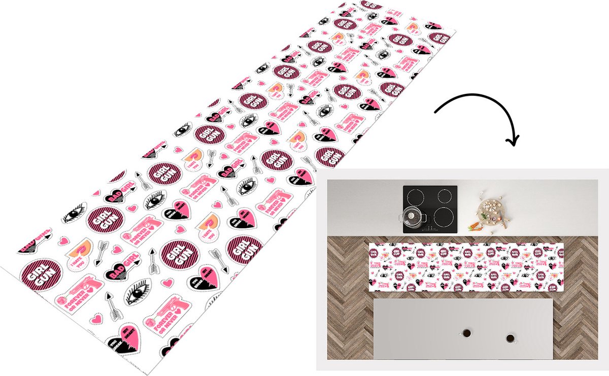 KitchenYeah Keukenloper - Loper keuken - Meisjes - Roze - Hartjes - Design - Keukenloper vinyl, foto 3