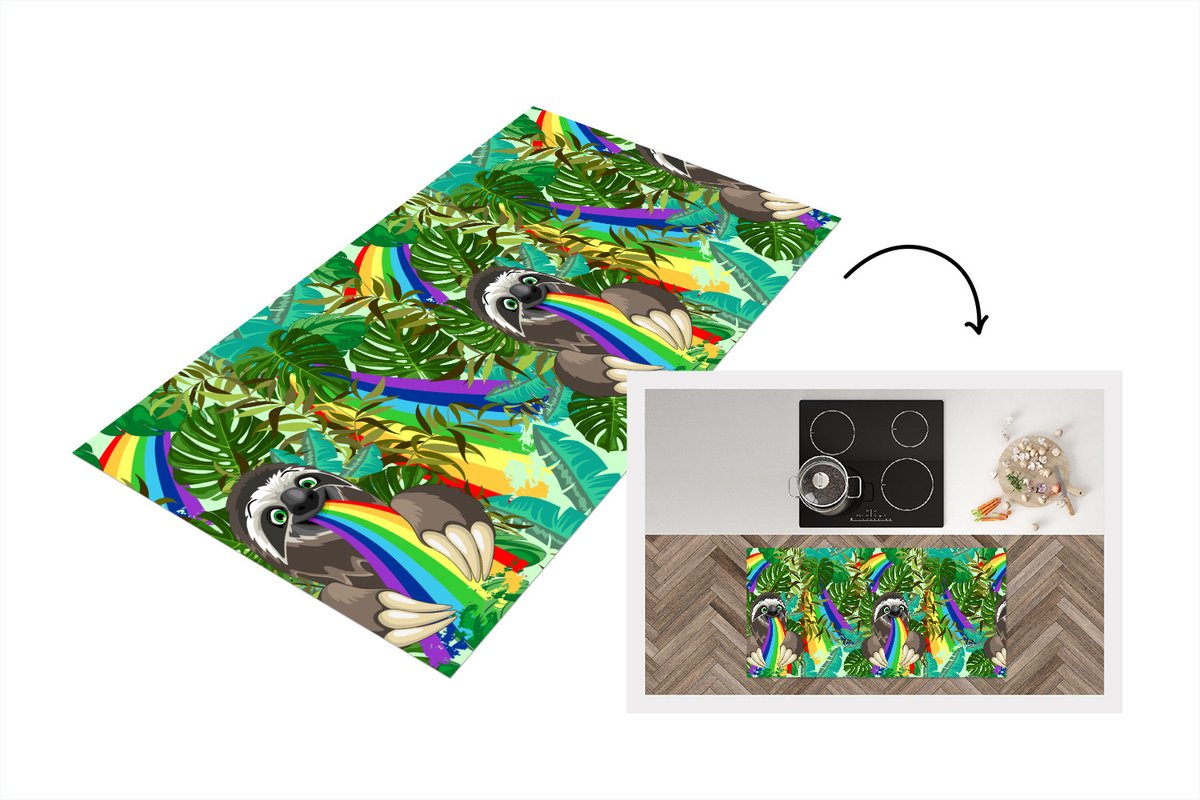 KitchenYeah Keukenloper - Loper keuken - Luiaard - Regenboog - Bladeren - Patronen - 120x60 cm - Keukenloper vinyl Multicolor