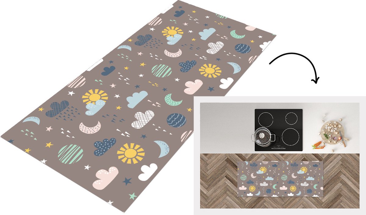 KitchenYeah Keukenloper - Loper keuken - Wolken - Zon - Design - 120x50 cm - Keukenloper vinyl Multicolor