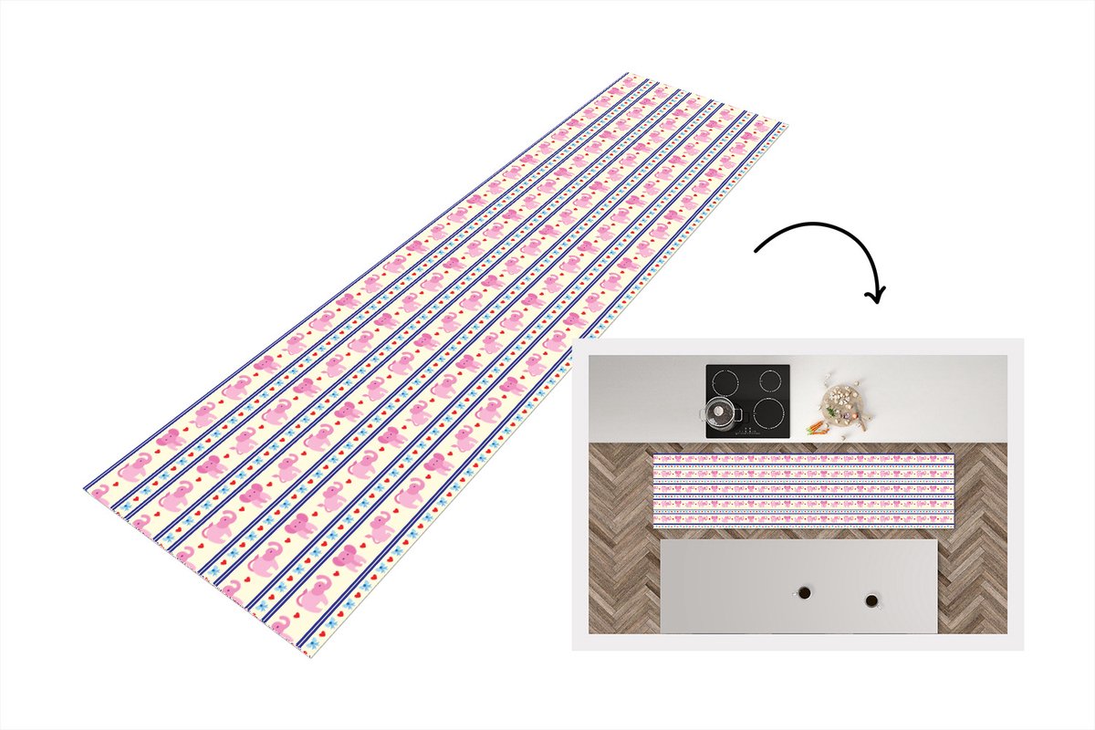 KitchenYeah Keukenloper - Loper keuken - Roze - Olifant - Lijn - Design - 240x60 cm - Keukenloper vinyl Multicolor