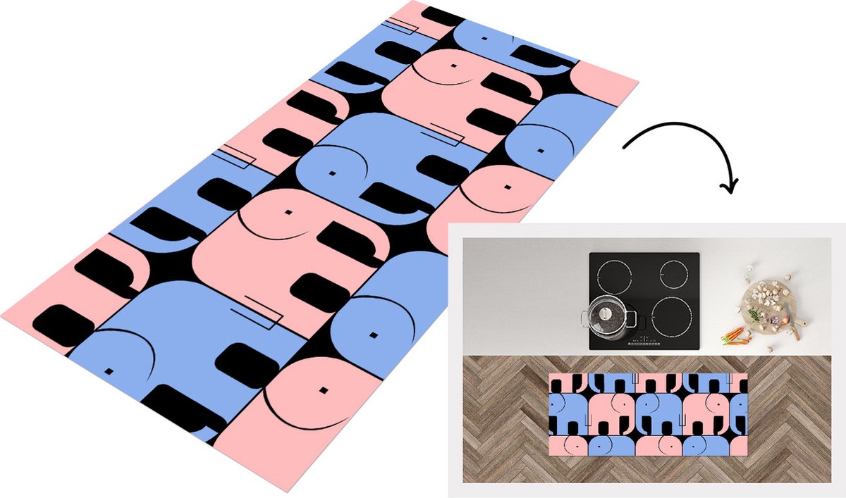 KitchenYeah Keukenloper - Loper keuken - Olifant - Lijn - Zwart - Patronen - 120x50 cm - Keukenloper vinyl Multicolor