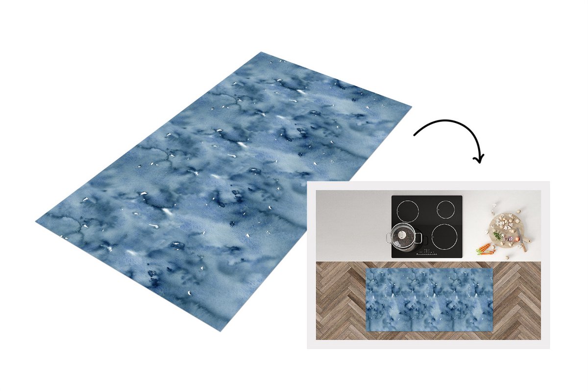 KitchenYeah Keukenloper - Loper keuken - Waterverf - Patroon - Blauw - 120x60 cm - Keukenloper vinyl Multicolor