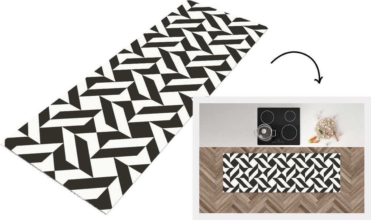KitchenYeah Keukenloper - Loper keuken - Zwart - Wit - Geometrische vormen - Patronen - 180x60 cm - Keukenloper vinyl Multicolor