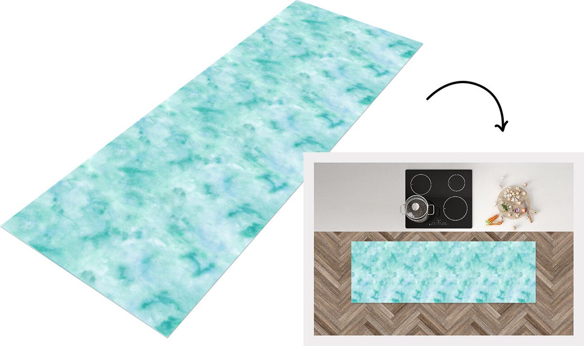 KitchenYeah Keukenloper - Loper keuken - Waterverf - Patronen - Turquoise - Aqua - 180x60 cm - Keukenloper vinyl Multicolor