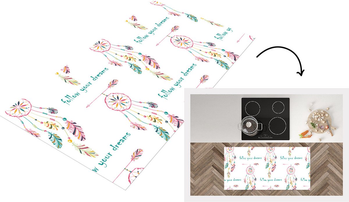 KitchenYeah Keukenloper - Loper keuken - Dromen - Dromenvanger - Veren - Patronen - Regenboog - 120x60 cm - Keukenloper vinyl Multicolor