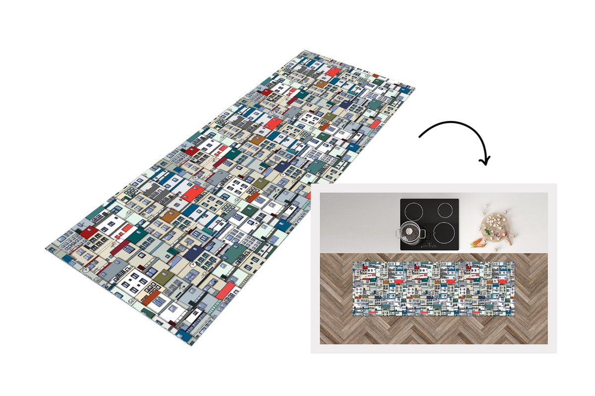 KitchenYeah Keukenloper - Loper keuken - Zentangle - Huis - Patronen - 180x60 cm - Keukenloper vinyl Multicolor