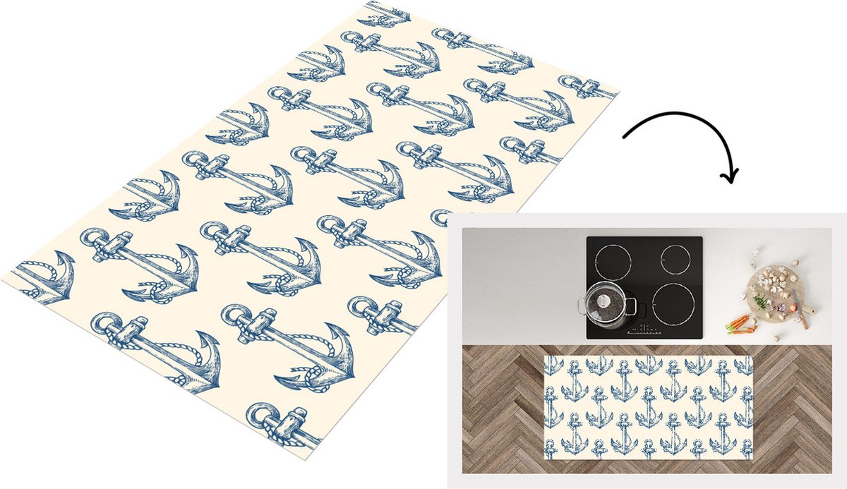 KitchenYeah Keukenloper - Loper keuken - Vintage - Anker - Strand - Zee - Patronen - 120x60 cm - Keukenloper vinyl Multicolor