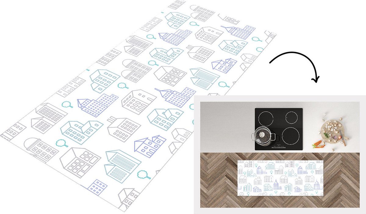 KitchenYeah Keukenloper - Loper keuken - Skyline - Patronen - Huis - 120x50 cm - Keukenloper vinyl Multicolor