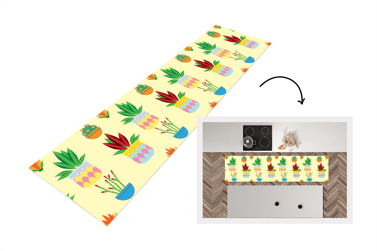 KitchenYeah Keukenloper - Loper keuken - Planten - Bloempot - Patronen - Regenboog - 200x50 cm - Keukenloper vinyl Multicolor
