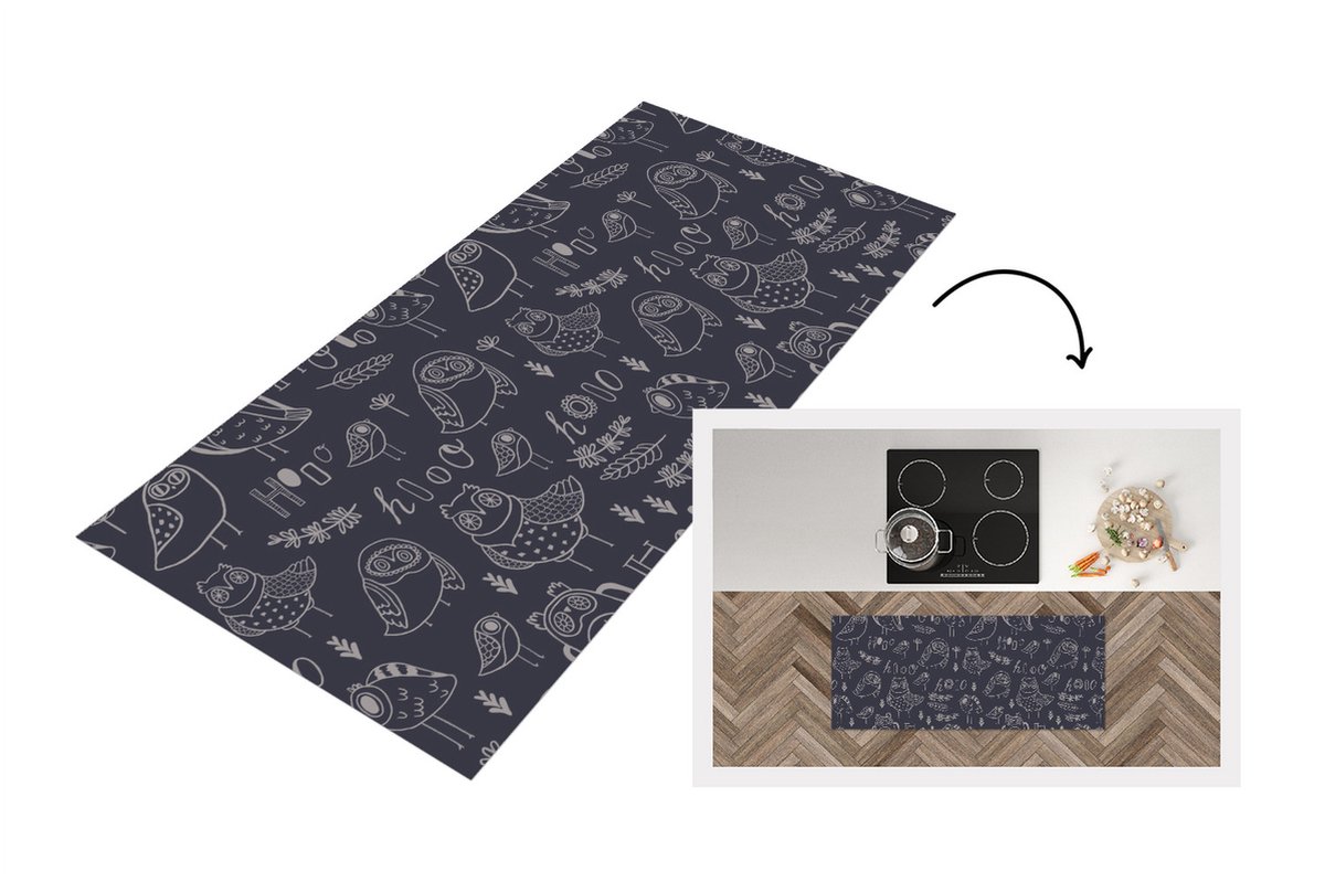 KitchenYeah Keukenloper - Loper keuken - Patronen - Vogel - Uil - 120x50 cm - Keukenloper vinyl Multicolor
