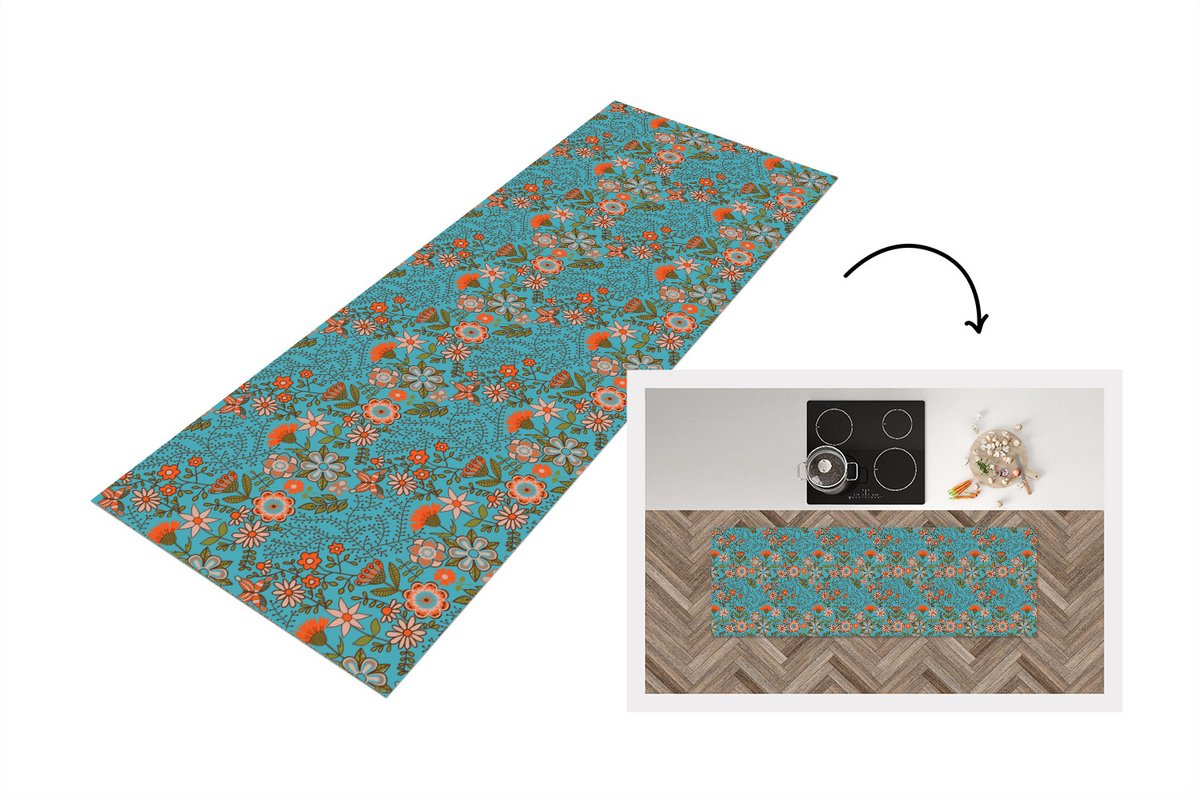 KitchenYeah Keukenloper - Loper keuken - Bohemian - Bloemen - Oranje - Retro - Design - 150x50 cm - Keukenloper vinyl Multicolor