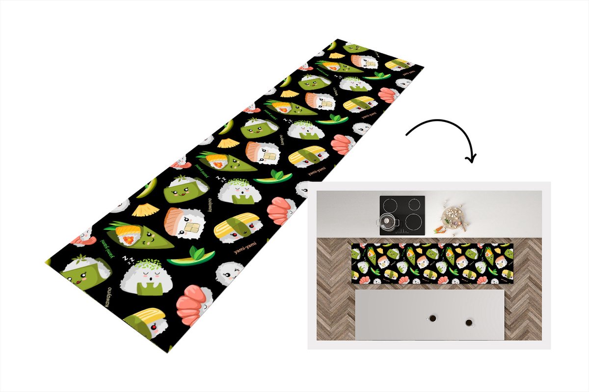 KitchenYeah Keukenloper - Loper keuken - Kawaii - Sushi - Patronen - 240x60 cm - Keukenloper vinyl Multicolor