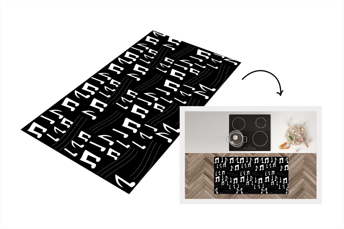 KitchenYeah Keukenloper - Loper keuken - Muziek - Zwart Wit - Patroon - 120x60 cm - Keukenloper vinyl Zwart; Wit