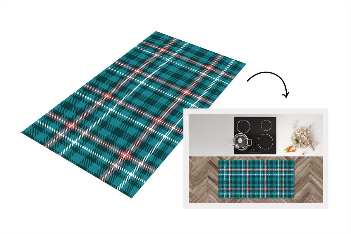 KitchenYeah Keukenloper - Loper keuken - Plaid - Schotse ruit - Patronen - Blauw - Roze - 120x60 cm - Keukenloper vinyl Multicolor