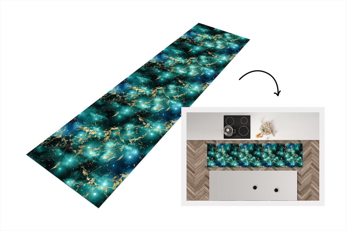 KitchenYeah Keukenloper - Loper keuken - Ruimte - Goud - Marmer - Patronen - 200x50 cm - Keukenloper vinyl Multicolor