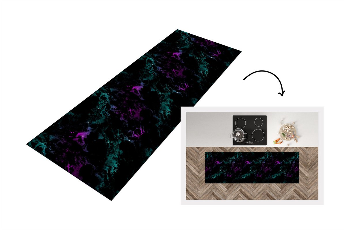 KitchenYeah Keukenloper - Loper keuken - Ruimte - Marmer - Patroon - Sterrenhemel - 180x60 cm - Keukenloper vinyl Multicolor