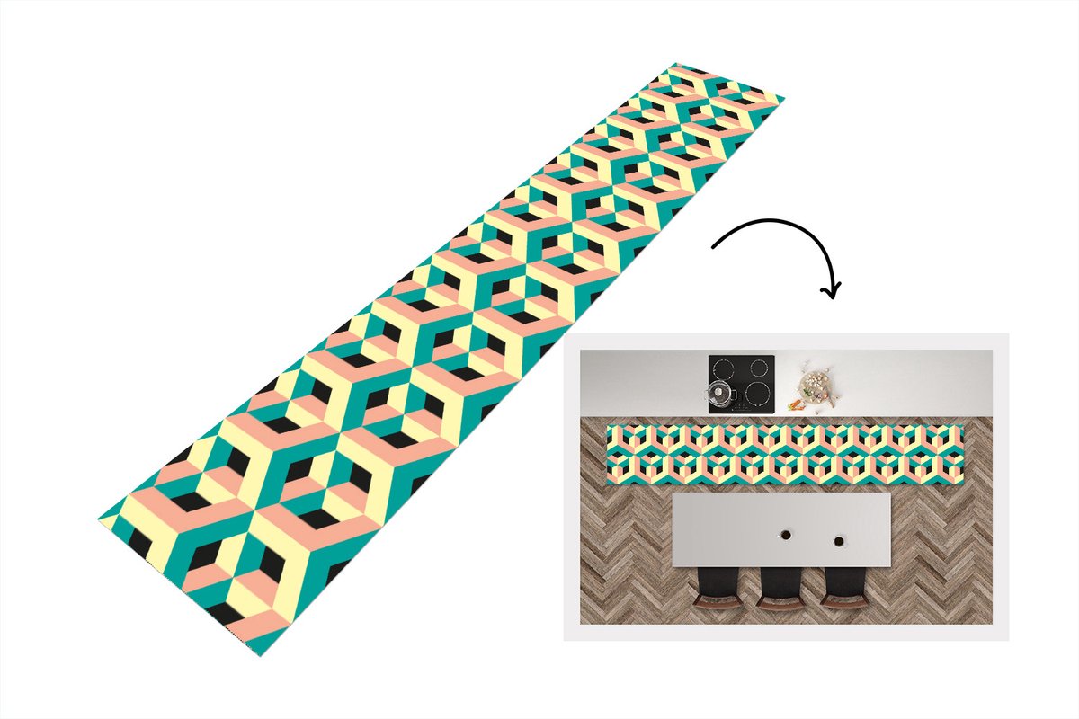 KitchenYeah Keukenloper - Loper keuken - 3D - Patronen - Kubus - 300x50 cm - Keukenloper vinyl Multicolor