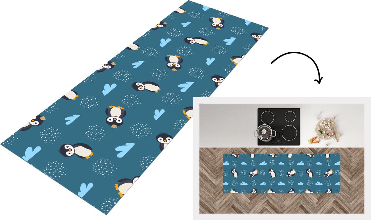KitchenYeah Keukenloper - Loper keuken - Pinguïn - Wolken - Jongens - Design - 150x50 cm - Keukenloper vinyl Multicolor
